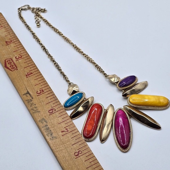 Statement Gold Tone Necklace Colorful Oval Pendants Womens Jewelry Boho Festival - Picture 6 of 7